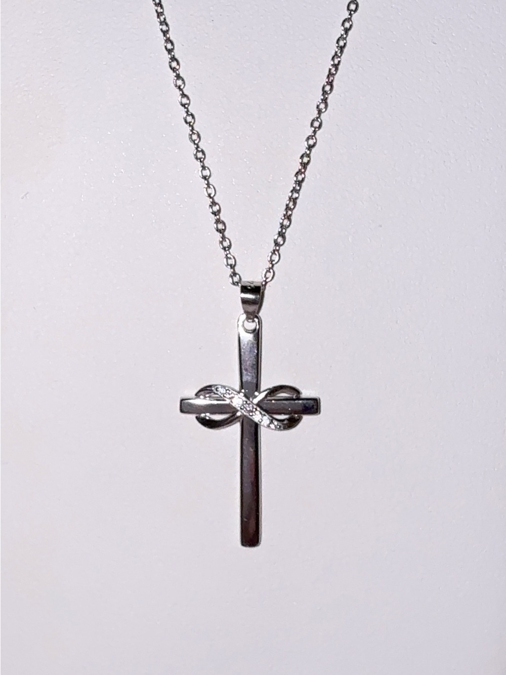 925 Sterling Silver Infinity Cross Necklace 16" CZ